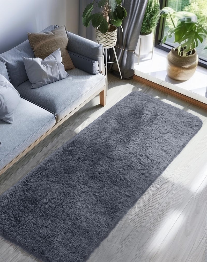 Ophanie Runner Rug for Hallway, 2x6 Upgrade Non-Slip Fluffy Soft Bedside Rugs, Bedroom Living Room Grey Shaggy Gray Carpet for Kids Girls Boys Dorm Nursery Home Decor Aesthetic - Image 3