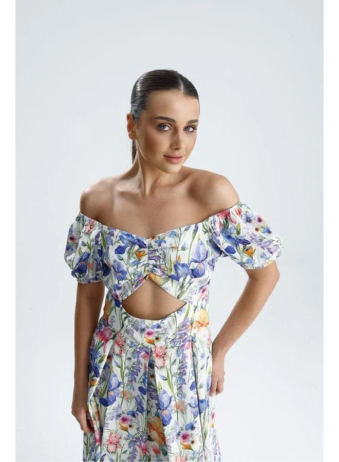 GACACOLLECTION LAURA satin dress with under‑bust window detail, watermelon sleeves, and floral pattern.