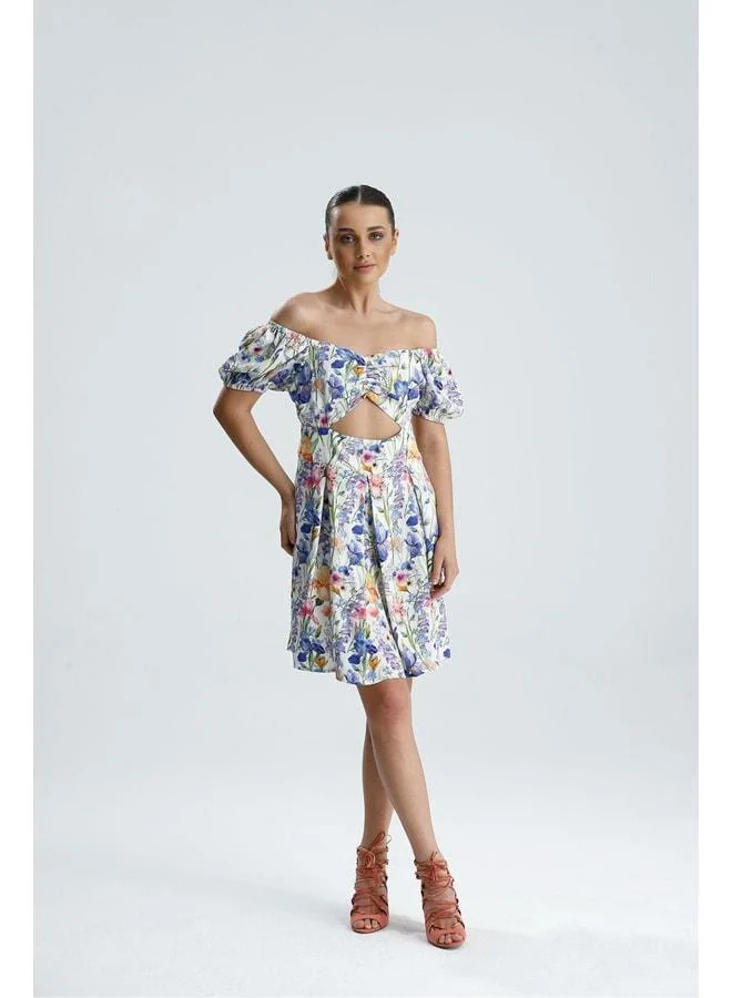 GACACOLLECTION LAURA satin dress with under‑bust window detail, watermelon sleeves, and floral pattern.