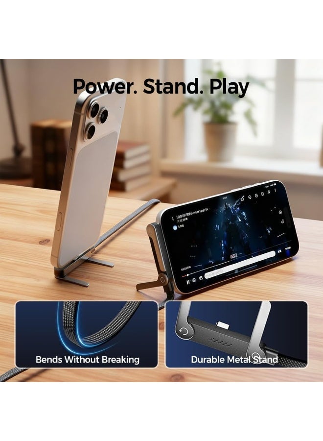 240W Fast Charging Cable with Rotatable Phone Holder Stand – 360° Rotation, 1.5M Sideways Gaming Charger, Type-C to Type-C, Stable Fast Charge & Hands-Free Gaming