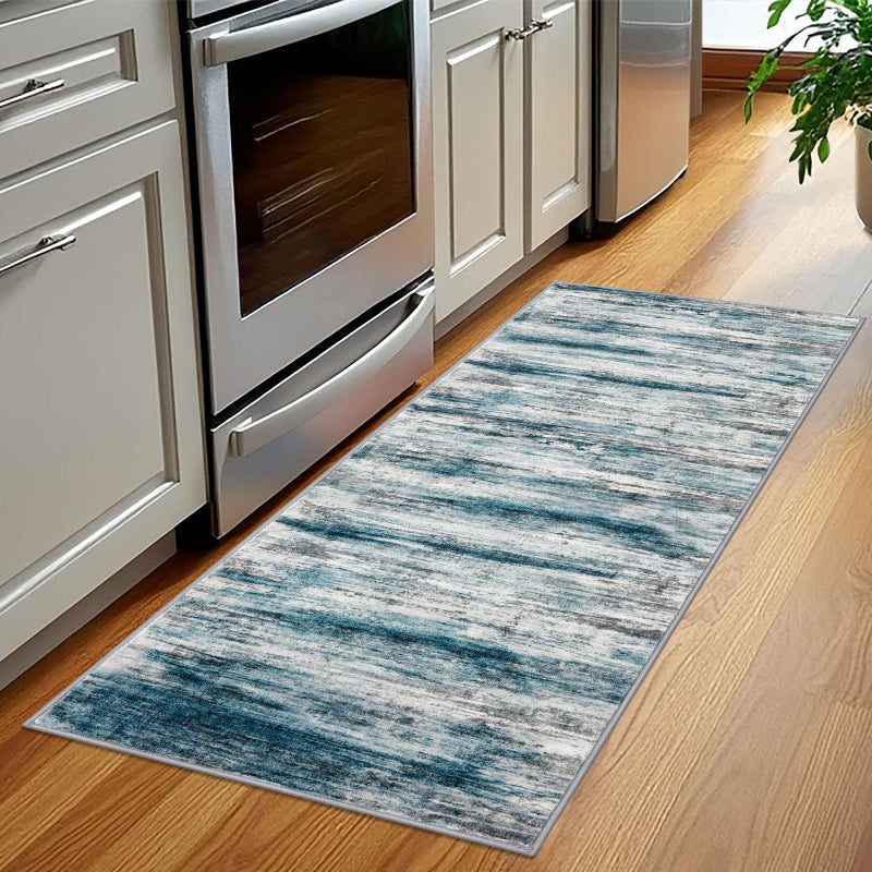 KOZYFLY Modern Abstract Hallway Runner Rug, 2x5 Washable Rug Runner Non-Slip Soft Striped Kitchen Runner Rugs, Print Blue Carpet Runner for Entryway Bathroom Laundry Room Foyer - Image 2