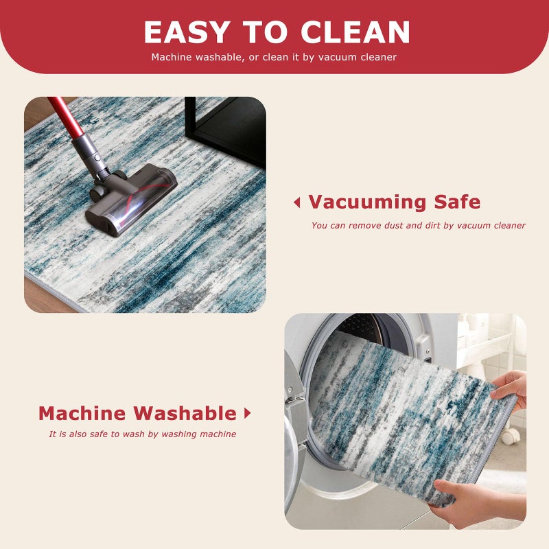 KOZYFLY Modern Abstract Hallway Runner Rug, 2x5 Washable Rug Runner Non-Slip Soft Striped Kitchen Runner Rugs, Print Blue Carpet Runner for Entryway Bathroom Laundry Room Foyer - Image 5