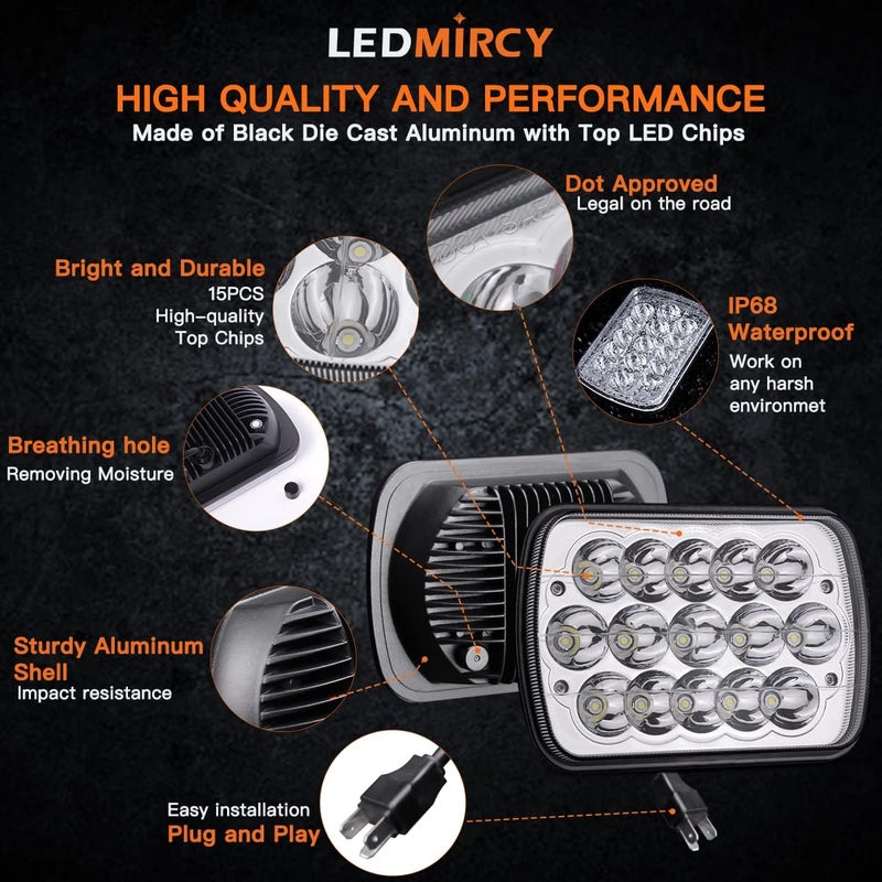 LEDMIRCY 7x6/4x6 LED Headlights - 2PCS 45W Sealed Beam Rectangular High/Low Beam Headlamp - Image 3