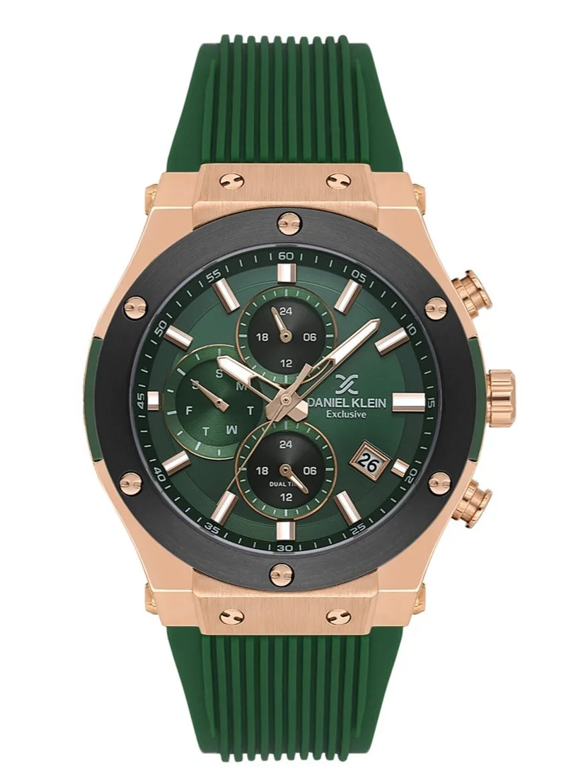 DANIEL KLEIN Men's Silicone Band Rose Gold and Blue Brass Case Analog Dark Green Round Sunray Dial Japanese Quartz Exclusive 50 Meters Water Resistant