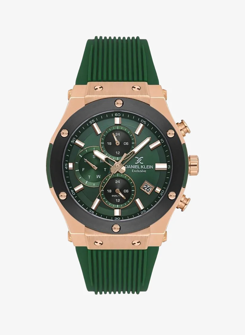 DANIEL KLEIN Men's Silicone Band Rose Gold and Blue Brass Case Analog Dark Green Round Sunray Dial Japanese Quartz Exclusive 50 Meters Water Resistant