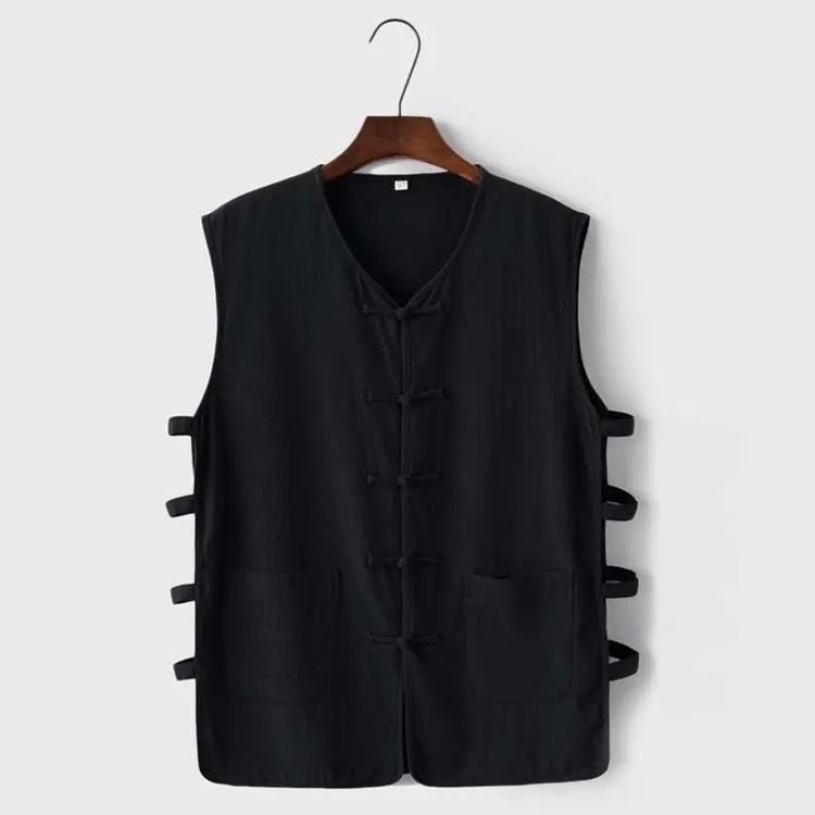 Summer Linen Sweatshirt Old Beijing Vest Northern Shaanxi Sweatshirt Mens Chinese Sleeveless Vest Waistband Buckle Chinese Style Khaki - Image 4