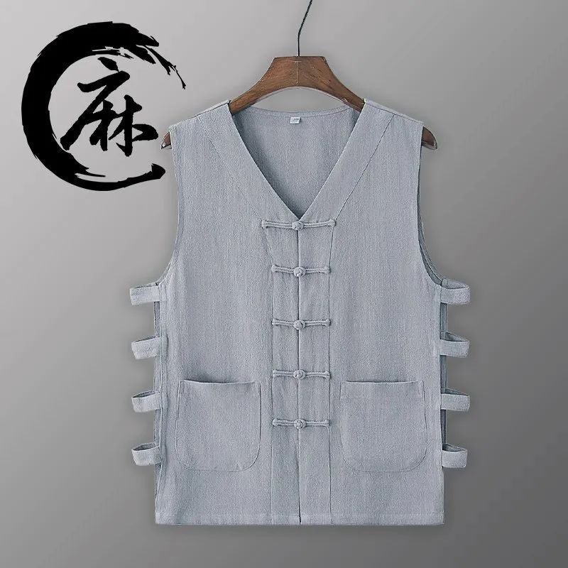 Summer Linen Sweatshirt Old Beijing Vest Northern Shaanxi Sweatshirt Mens Chinese Sleeveless Vest Waistband Buckle Chinese Style Khaki - Image 2