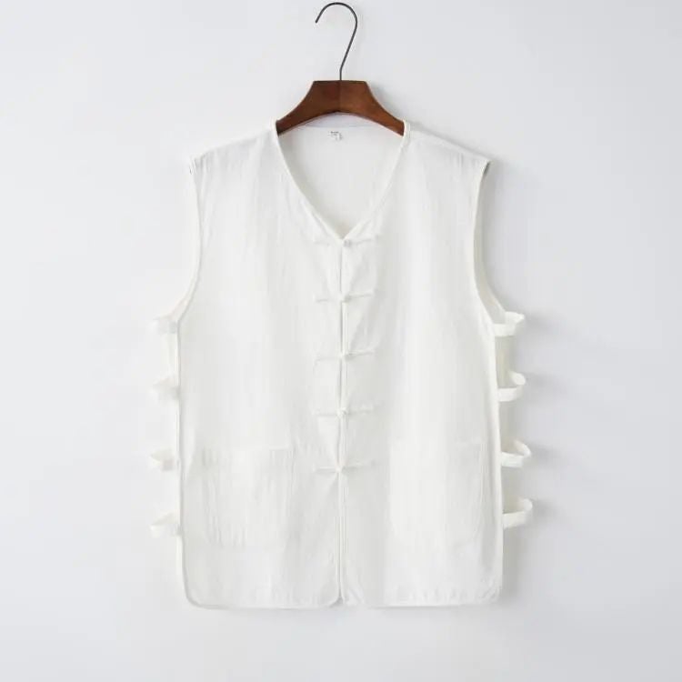 Summer Linen Sweatshirt Old Beijing Vest Northern Shaanxi Sweatshirt Mens Chinese Sleeveless Vest Waistband Buckle Chinese Style Khaki - Image 3