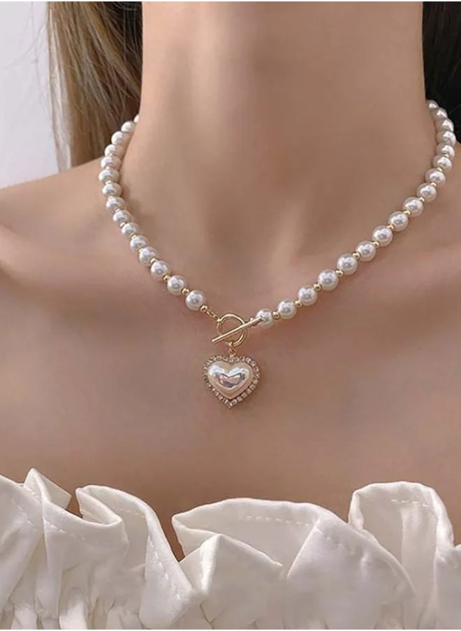 Styli Embellished Heart Pearl Necklace