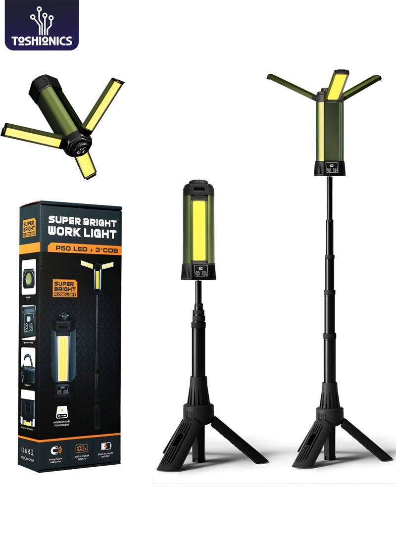 Toshionics Rechargeable LED Work Light with Stand, Portable Cordless Work Light 3-head, 500/1500/2500 Lumen, Camping Light with Detachable Tripod - Image 1