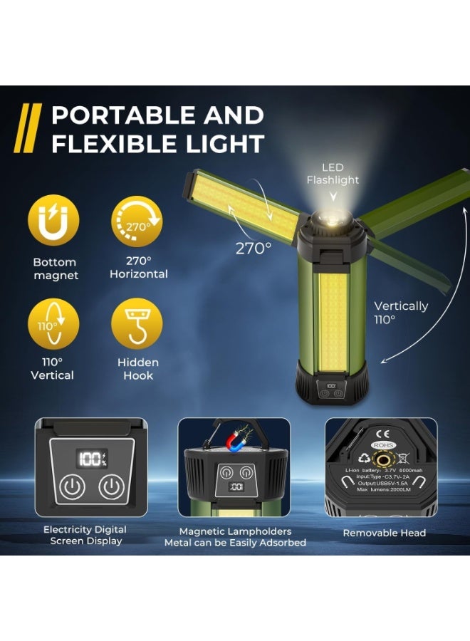 Toshionics Rechargeable LED Work Light with Stand, Portable Cordless Work Light 3-head, 500/1500/2500 Lumen, Camping Light with Detachable Tripod - Image 5