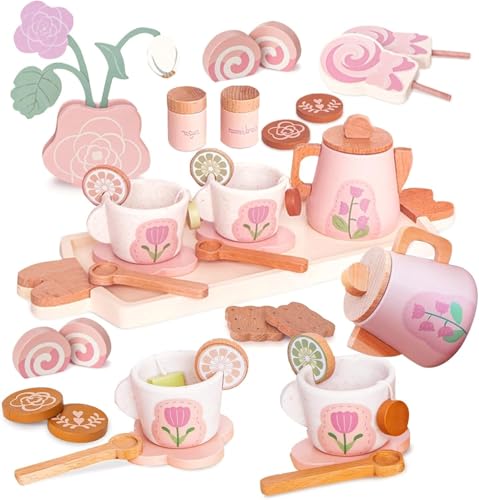 Smartwo Wooden Tea Set for Little Girls Pretend Play Tea Party Set Toy with 26 PCS Play Kitchen Accessories Princess Tea Set Toy Birthday Gift for Kids 35 Years Old Improve Imagination - Image 1