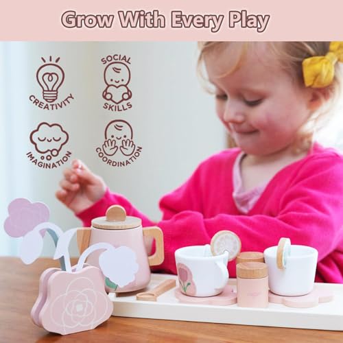 Smartwo Wooden Tea Set for Little Girls Pretend Play Tea Party Set Toy with 26 PCS Play Kitchen Accessories Princess Tea Set Toy Birthday Gift for Kids 35 Years Old Improve Imagination - Image 5