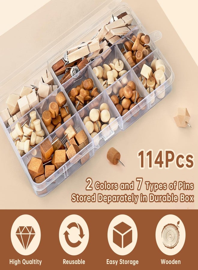 GOOLADA 114Pcs Decorative Push Pins in 7 Types and 2 Colors Wooden Push Pins Cute Thumb Tacks Clips for Cork Board Bulletin Board Wall Cubicle Crafts for Office Classroom Farmhouse with Storage Box - Image 3