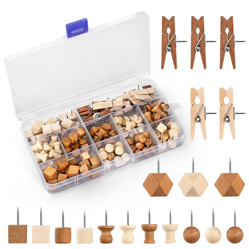 GOOLADA 114Pcs Decorative Push Pins in 7 Types and 2 Colors Wooden Push Pins Cute Thumb Tacks Clips for Cork Board Bulletin Board Wall Cubicle Crafts for Office Classroom Farmhouse with Storage Box - Image 1