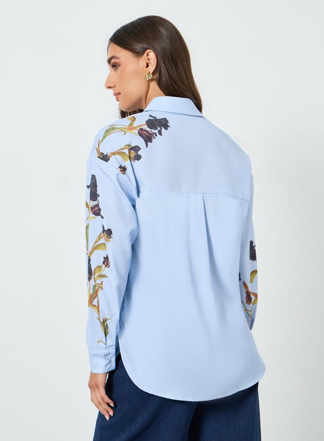 Styli Women Blue Placement Floral Print Oversized Shirt - Image 4