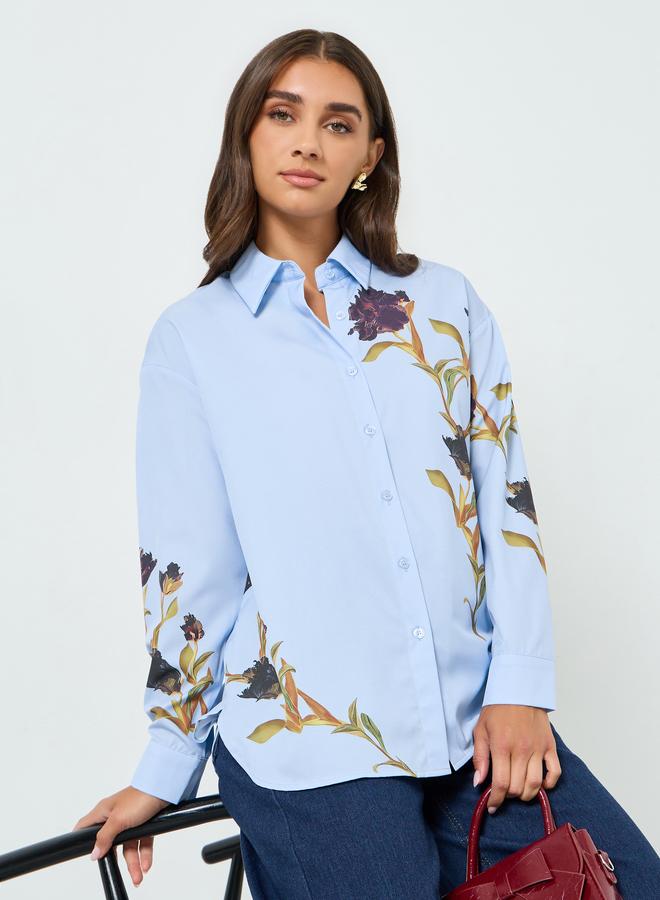 Styli Women Blue Placement Floral Print Oversized Shirt - Image 5
