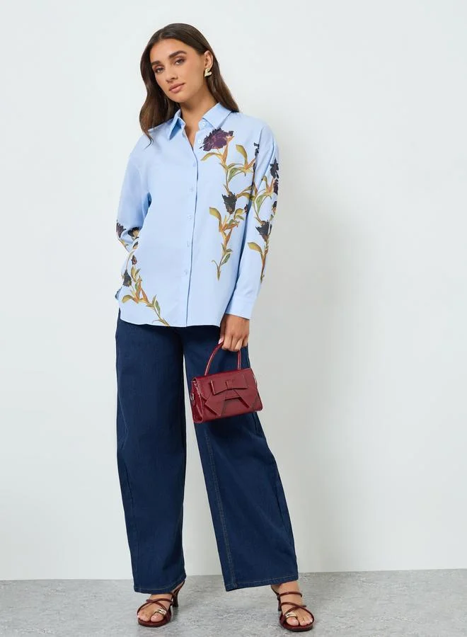Styli Women Blue Placement Floral Print Oversized Shirt