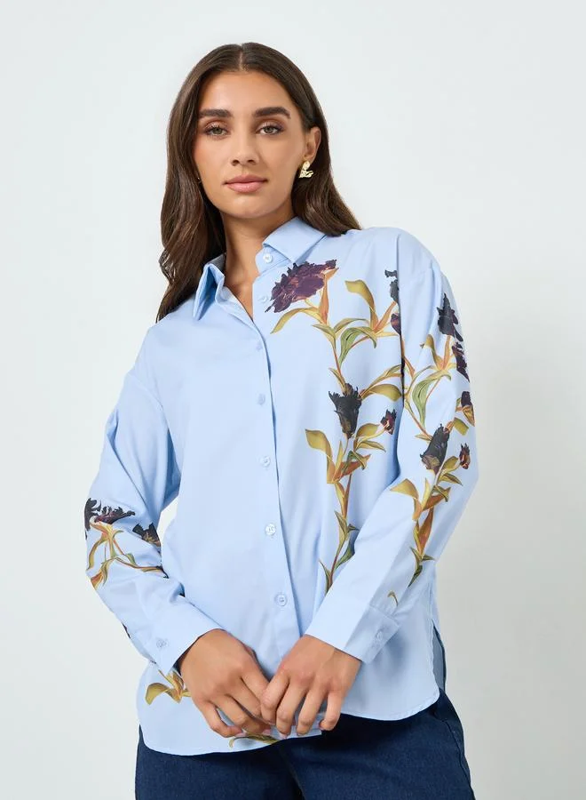 Styli Women Blue Placement Floral Print Oversized Shirt