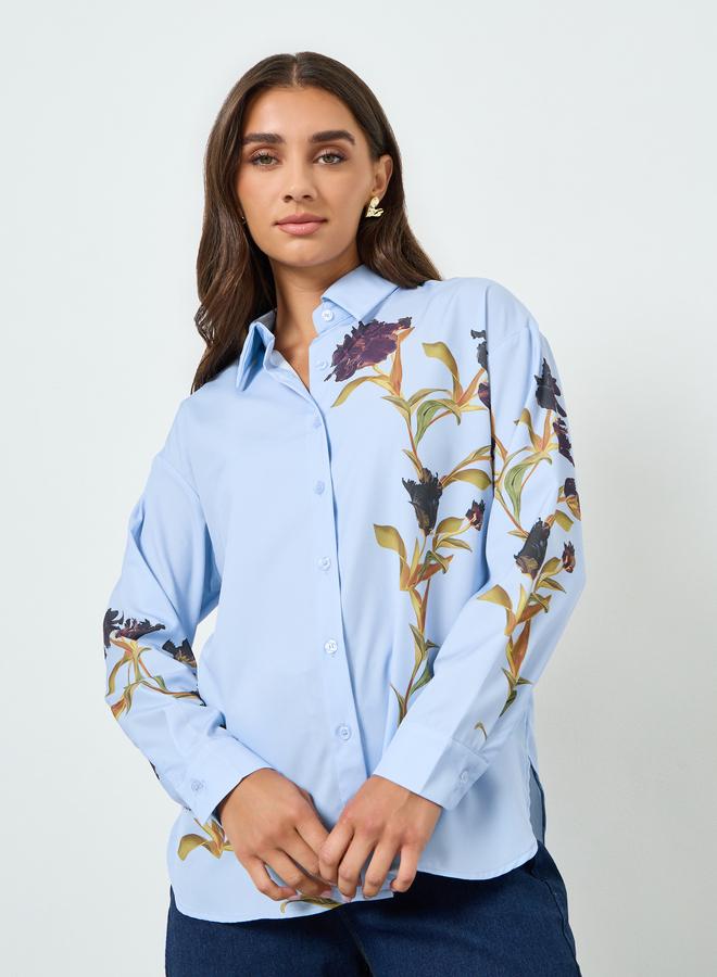 Styli Women Blue Placement Floral Print Oversized Shirt - Image 1