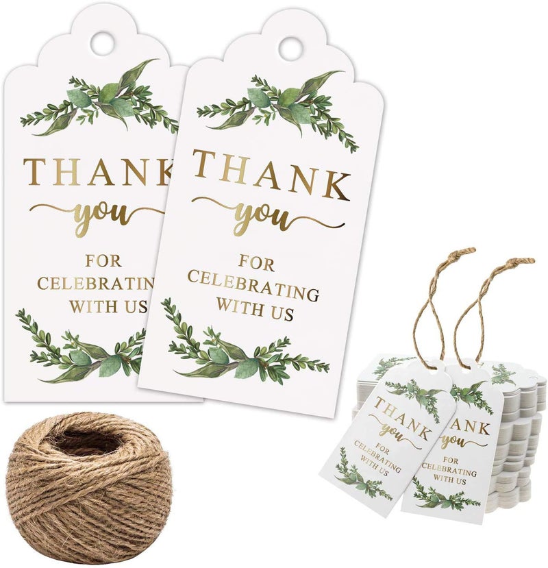 Mr.Mug Greenery Gold Gift Tags - 100pcs, Perfect for Baby Showers, Birthdays, Weddings & Bridal Showers, Includes 100ft Natural Jute Twine - Image 1