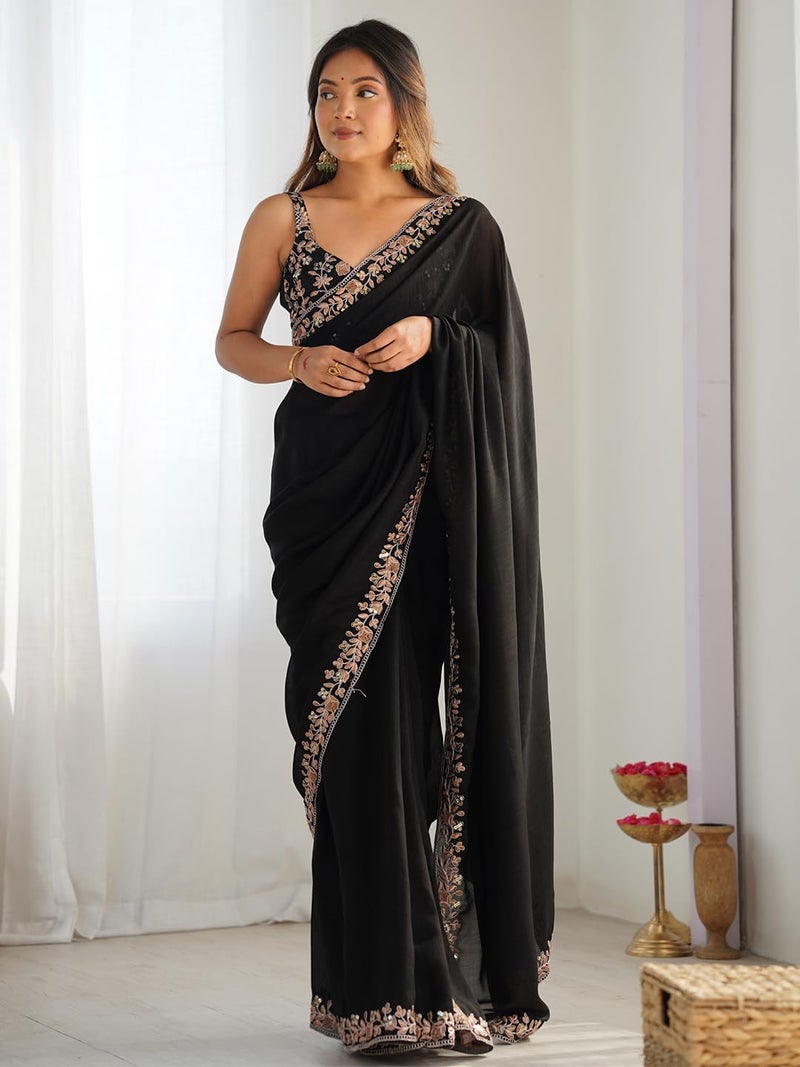 saree mall ساري مول للسيدات - ساري فيشيترا سيلك مزين بالأسود مع قطعة بلوزة غير مخيطة (AARYAN13901_KR) - Image 3