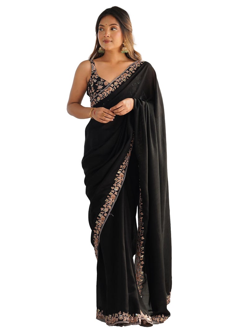 saree mall ساري مول للسيدات - ساري فيشيترا سيلك مزين بالأسود مع قطعة بلوزة غير مخيطة (AARYAN13901_KR) - Image 1