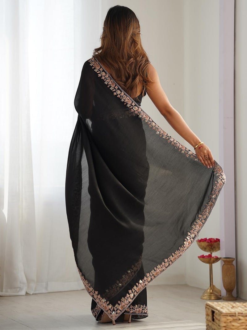 saree mall ساري مول للسيدات - ساري فيشيترا سيلك مزين بالأسود مع قطعة بلوزة غير مخيطة (AARYAN13901_KR) - Image 2