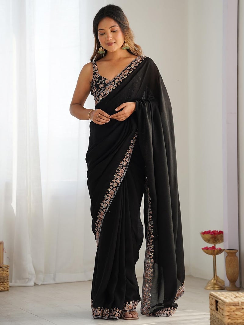 saree mall ساري مول للسيدات - ساري فيشيترا سيلك مزين بالأسود مع قطعة بلوزة غير مخيطة (AARYAN13901_KR) - Image 4