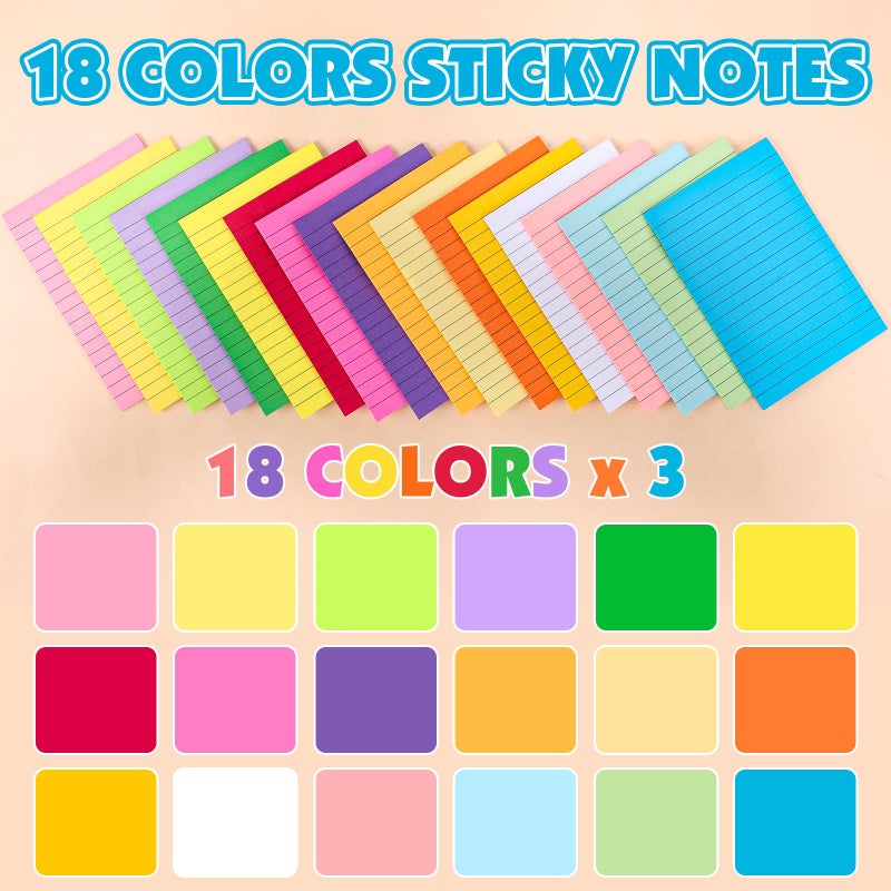 NUITPY 54 Pads Lined Sticky Notes, 18 Colors 4in x 6in Self Stick Note Pads, Strong Adhesive Sticky Note with Lines, Large Sticky Notes for School, Home, Office, 24 Sheets/Pad - Image 3