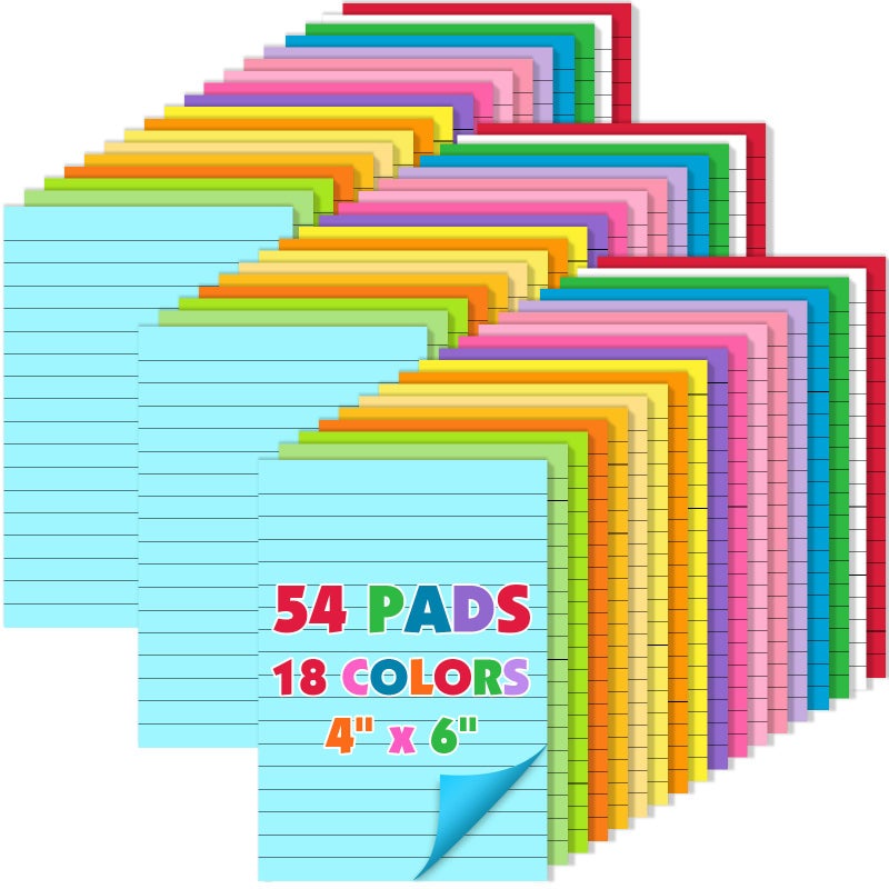 NUITPY 54 Pads Lined Sticky Notes, 18 Colors 4in x 6in Self Stick Note Pads, Strong Adhesive Sticky Note with Lines, Large Sticky Notes for School, Home, Office, 24 Sheets/Pad - Image 1