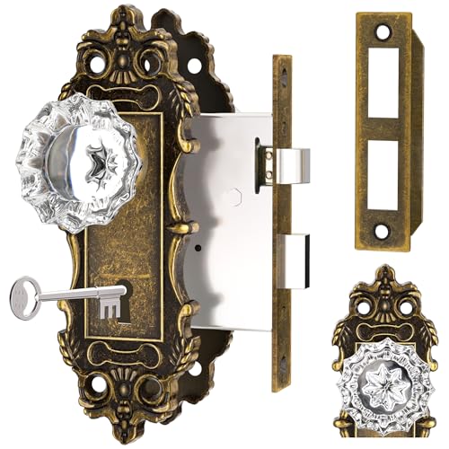 CEYMIO Antique Door Knobs Interior Mortise Lock Bronze Door Knob Crystal Glass Door Handle Skeleton Key Vintage Door Locks for Bedrooms Bathroom - Image 1