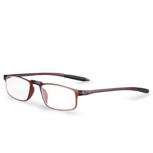 AEC EasyRider Unisex Reading Glasses +1.50 Power Full Rim Stylish Rectangular Blue Light Blocking Lenses with Neck Rest & Pocket Clip – Includes Soft Sleeve Case for Men and Women (Brown) - Image 1