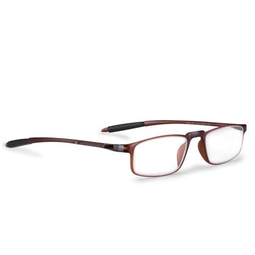 AEC EasyRider Unisex Reading Glasses +1.50 Power Full Rim Stylish Rectangular Blue Light Blocking Lenses with Neck Rest & Pocket Clip – Includes Soft Sleeve Case for Men and Women (Brown) - Image 4