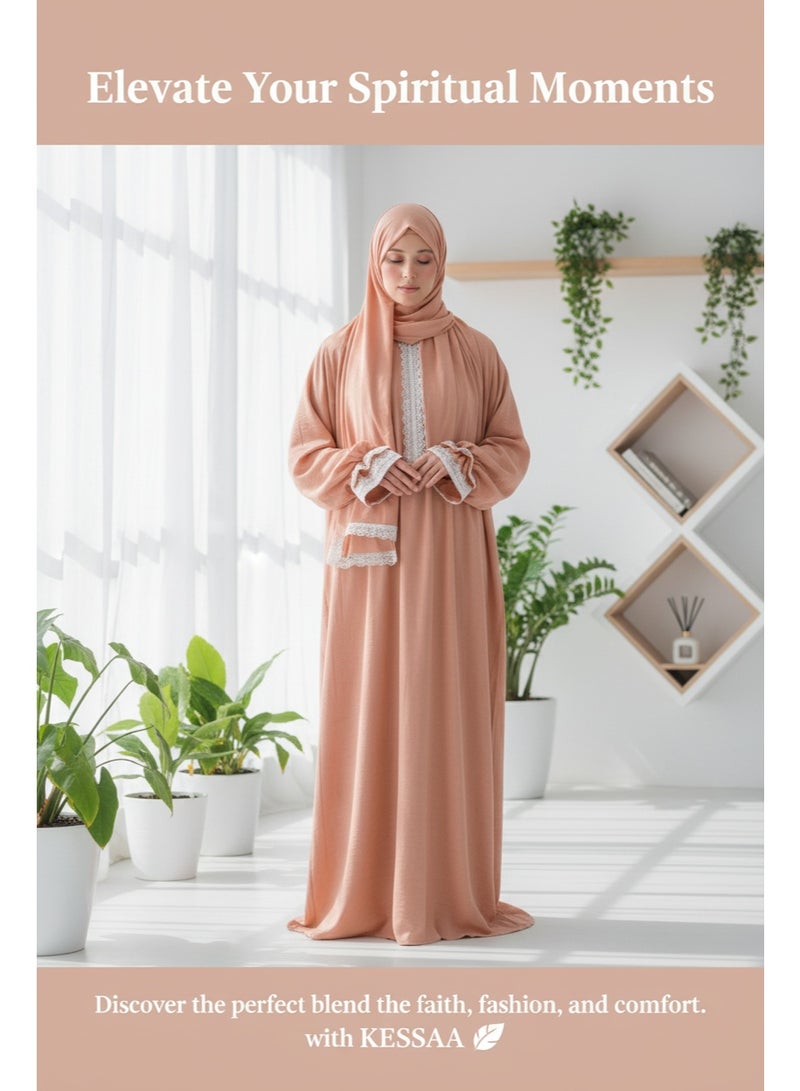 KESSAA Larin Women’s Premium Prayer Isdal – Luxury Silk-Cotton Full-Coverage Salah Dress with Integrated Head Scarf | Lightweight, Breathable, Modest Wear for Home, Travel & Mosque – Peach - Image 2