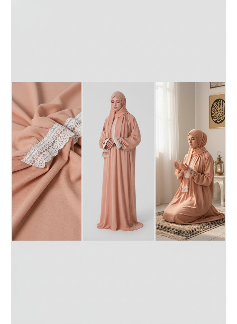 KESSAA Larin Women’s Premium Prayer Isdal – Luxury Silk-Cotton Full-Coverage Salah Dress with Integrated Head Scarf | Lightweight, Breathable, Modest Wear for Home, Travel & Mosque – Peach - Image 3