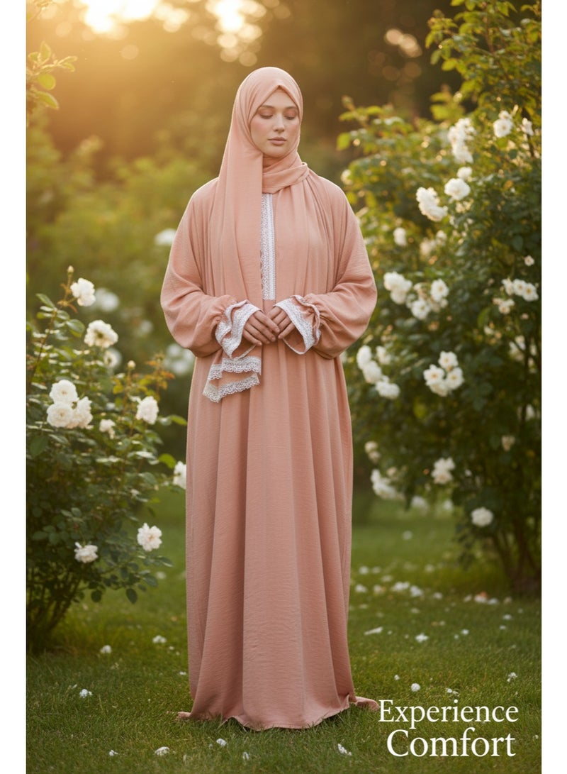KESSAA Larin Women’s Premium Prayer Isdal – Luxury Silk-Cotton Full-Coverage Salah Dress with Integrated Head Scarf | Lightweight, Breathable, Modest Wear for Home, Travel & Mosque – Peach - Image 4