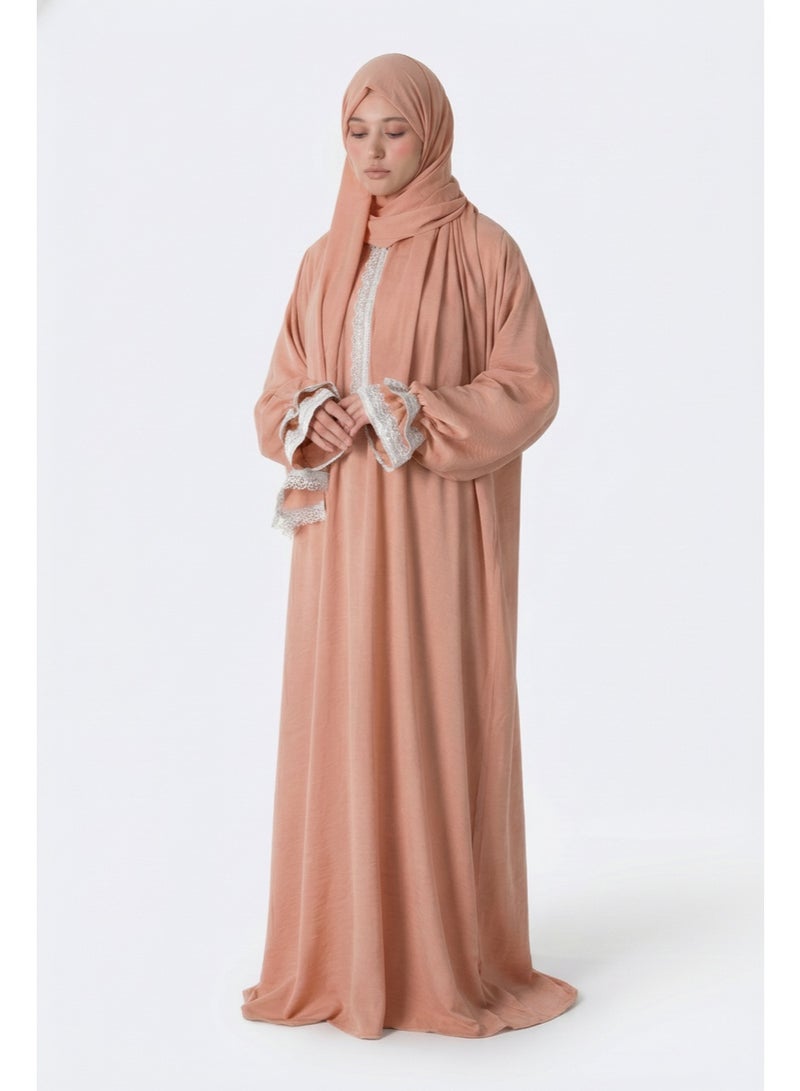 KESSAA Larin Women’s Premium Prayer Isdal – Luxury Silk-Cotton Full-Coverage Salah Dress with Integrated Head Scarf | Lightweight, Breathable, Modest Wear for Home, Travel & Mosque – Peach - Image 1