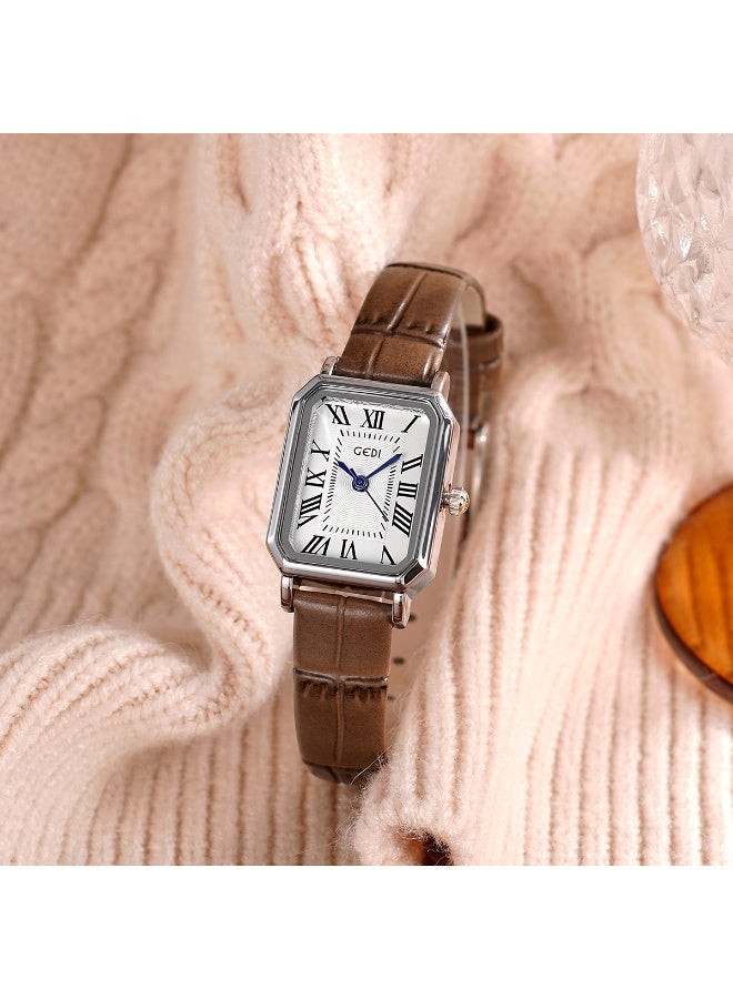GEDI Women's Retro Rectangle Dial Watch, Vintage Leather Strap Elegant Dress Watch for Ladies