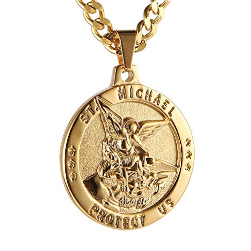 HZMAN St Michael The Archangel Catholic Medal Stainless Steel Amulet Pendant Necklace 22+2" Rolo Curb Chain (Gold-1) - Image 1