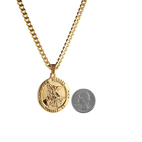 HZMAN St Michael The Archangel Catholic Medal Stainless Steel Amulet Pendant Necklace 22+2" Rolo Curb Chain (Gold-1) - Image 3