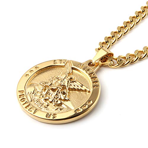 HZMAN St Michael The Archangel Catholic Medal Stainless Steel Amulet Pendant Necklace 22+2" Rolo Curb Chain (Gold-1) - Image 2
