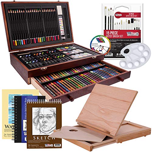 163Piece Deluxe Art Supply Set with Paints Pastels Pencils Easel and Sketch Pads