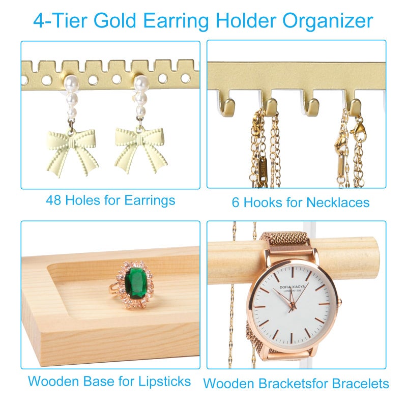 lengnoyp Jewelry Organizer Stand, Jewelry Holder, Lengnoy 4 Tier Earring Holder with 48 Holes and 6 Hooks Necklace Organizer Wood Box for Necklace Bracelet Earring Ring, Gold - Image 4