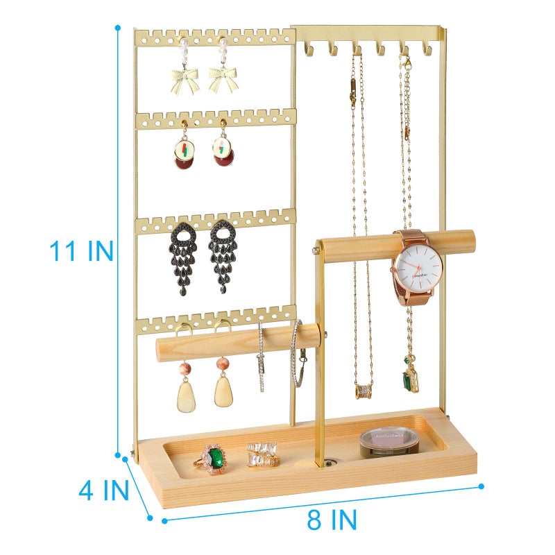 lengnoyp Jewelry Organizer Stand, Jewelry Holder, Lengnoy 4 Tier Earring Holder with 48 Holes and 6 Hooks Necklace Organizer Wood Box for Necklace Bracelet Earring Ring, Gold - Image 5