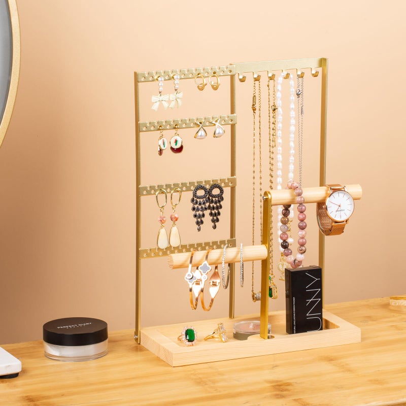lengnoyp Jewelry Organizer Stand, Jewelry Holder, Lengnoy 4 Tier Earring Holder with 48 Holes and 6 Hooks Necklace Organizer Wood Box for Necklace Bracelet Earring Ring, Gold - Image 3