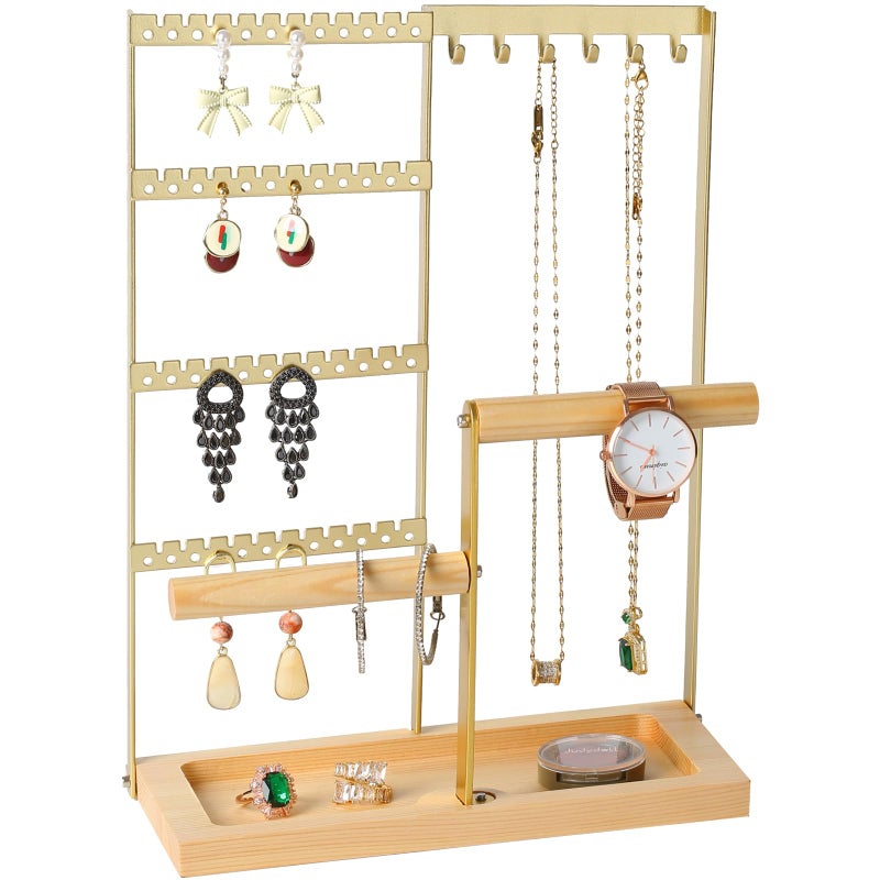 lengnoyp Jewelry Organizer Stand, Jewelry Holder, Lengnoy 4 Tier Earring Holder with 48 Holes and 6 Hooks Necklace Organizer Wood Box for Necklace Bracelet Earring Ring, Gold - Image 1