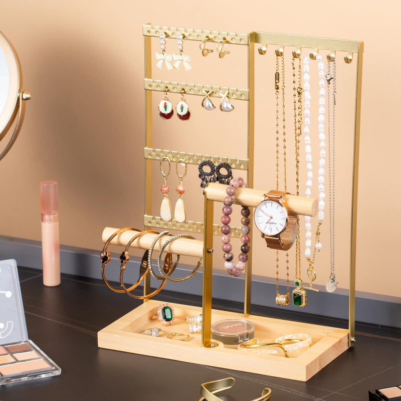 lengnoyp Jewelry Organizer Stand, Jewelry Holder, Lengnoy 4 Tier Earring Holder with 48 Holes and 6 Hooks Necklace Organizer Wood Box for Necklace Bracelet Earring Ring, Gold - Image 2