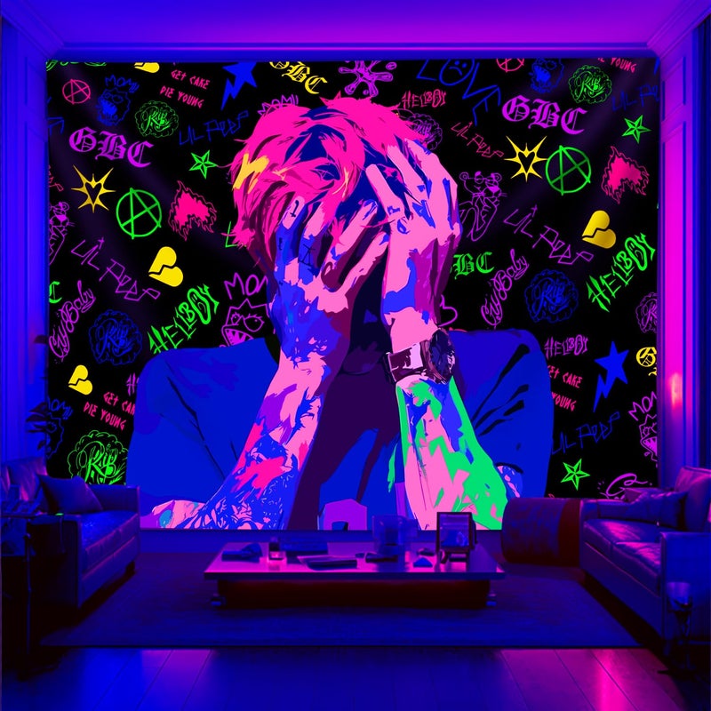 PSYHILAR Lil Peep Tapestry Blacklight, Rapper Black Light Poster for Bedroom, Hip Hop Star Music UV Flag (40 x 30 Inches) - Image 1