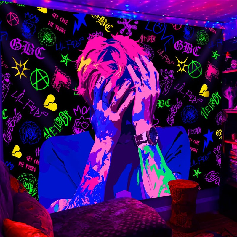 PSYHILAR Lil Peep Tapestry Blacklight, Rapper Black Light Poster for Bedroom, Hip Hop Star Music UV Flag (40 x 30 Inches) - Image 3